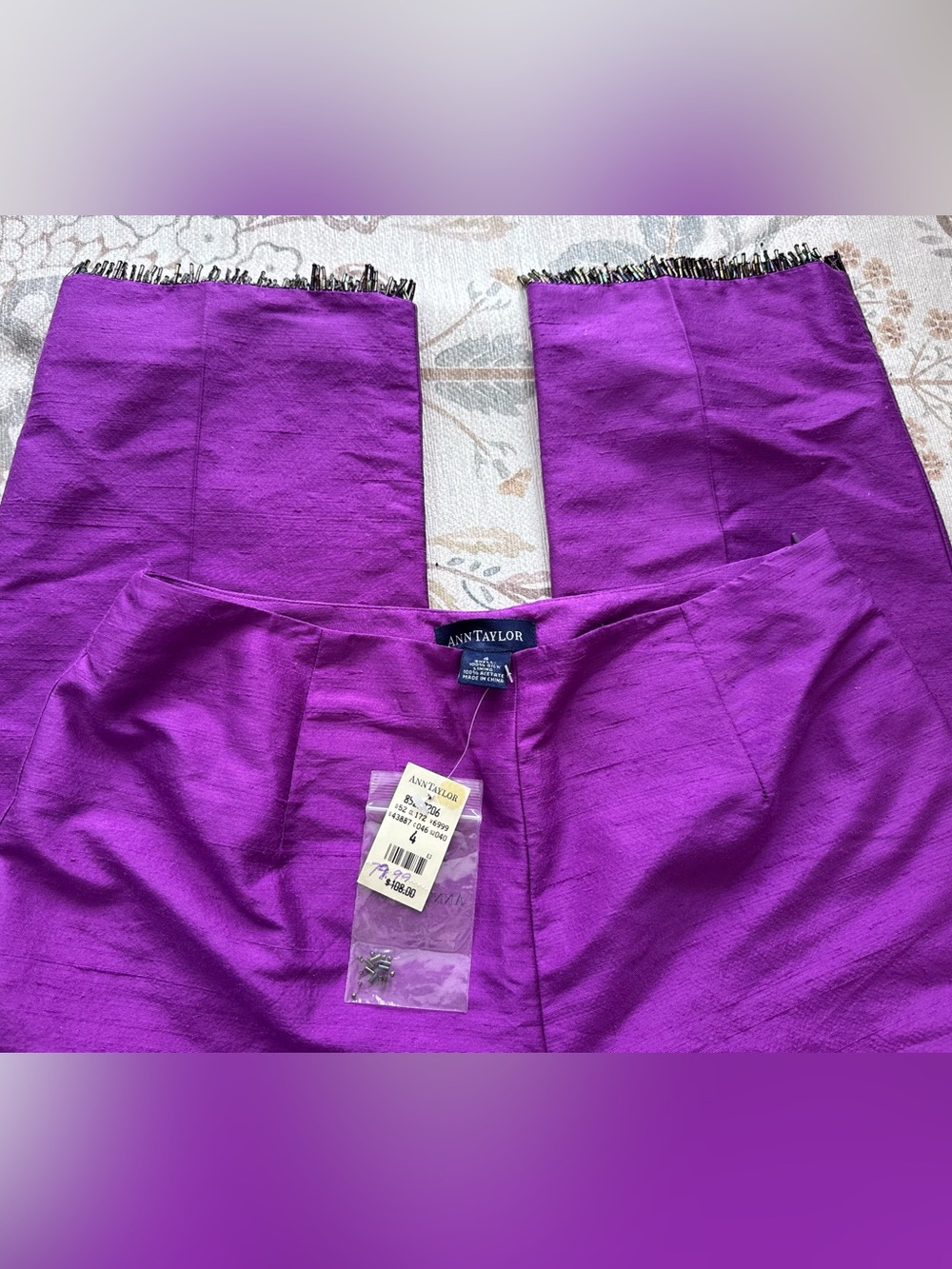 NWT Anne Taylor Purple Silk Beaded Fringe Cropped Pants